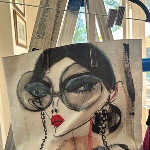 Illustrated leather Tote Bag with Fashion Portrait - White